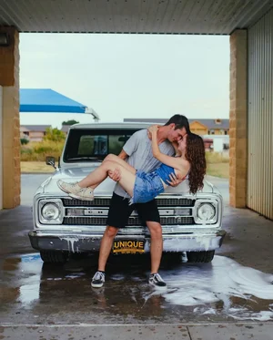 Romantic engagement photo with classic truck in Dallas