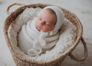 Baby wrapped in white basket closeup